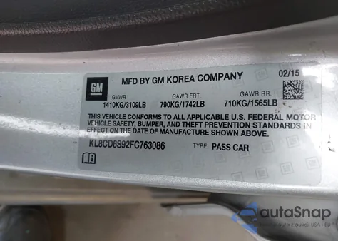 2015 Chevrolet Spark 1Lt Cvt из США, поврежденный, VIN KL8CD6S92FC763086